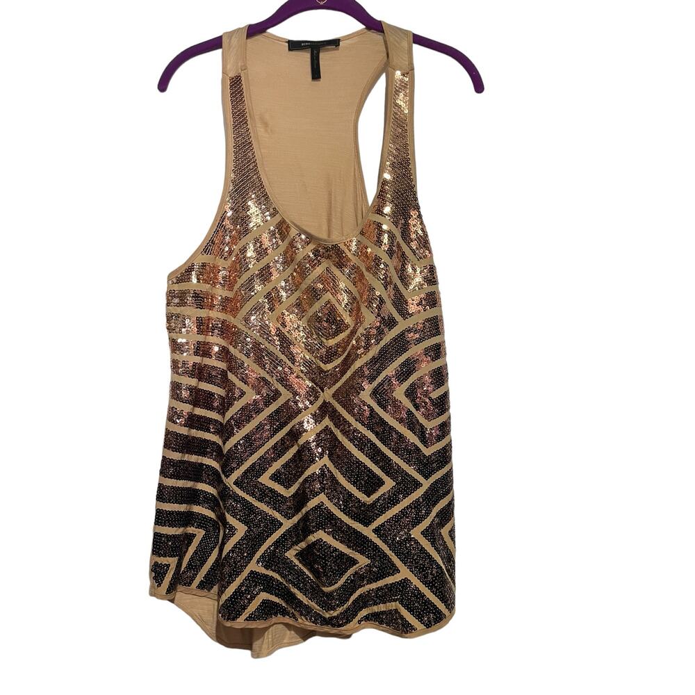 BCBG Sequin Tank Top Cami High Low Hem Tan Boho Contemporary Womans Size Large